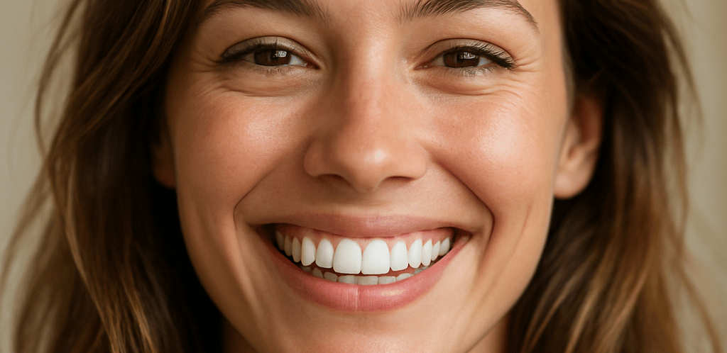 A close-up view of a set of clean, white teeth with healthy gums showing a reflection below.
