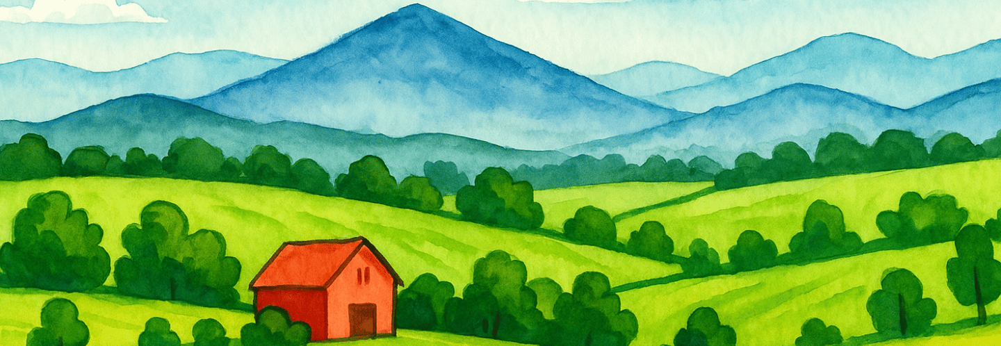A cartoon painting of a farm in the valley.
