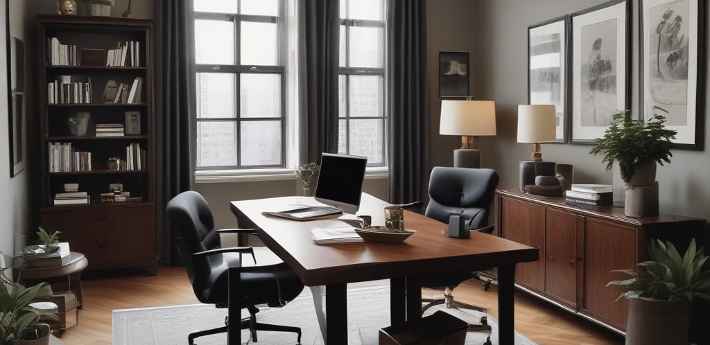 A sleek, modern office desk with a laptop, notebook, and a cup of coffee, bathed in soft natural light.
