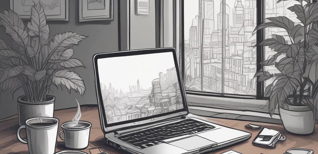 A serene workspace with a laptop and a cup of coffee on a dark table.