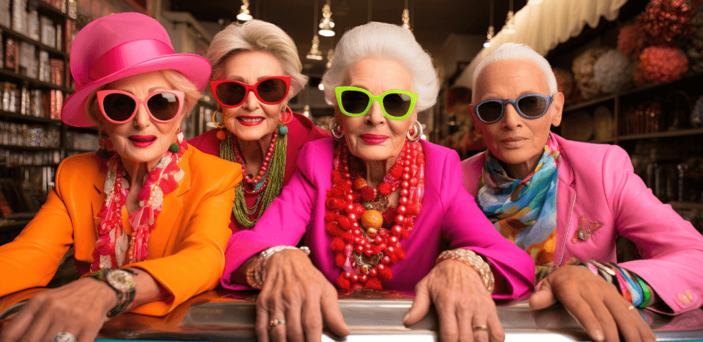 a group of women in bright pink sunglasses and bright pink sunglasses