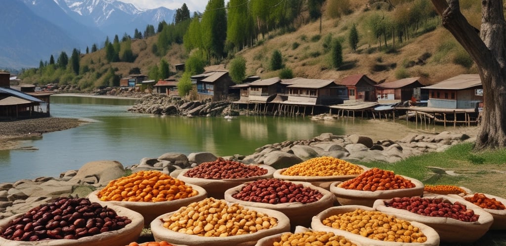 A roadside market stall features a variety of colorful dried fruits displayed in trays. The stall is set up next to a white van and shaded by a large umbrella. The background showcases a clear blue sky with a few clouds, suggesting a sunny day.