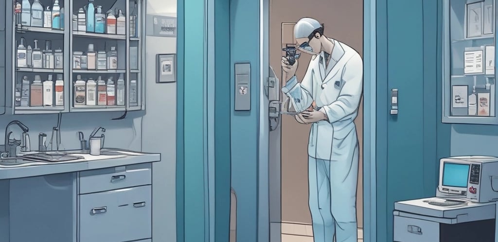 A person wearing a blue protective suit and mask is working in a laboratory setting. They are handling petri dishes on a counter with a digital display and laboratory equipment nearby. The room has clean, white walls and a blue door.