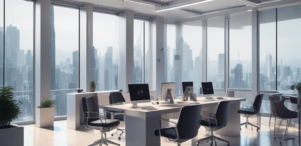 A professional office environment with a team discussing robotics and AI solutions.