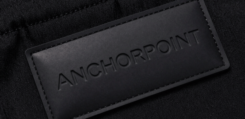 A sleek, minimalist workspace with a laptop, coffee cup, and anchorpoint branded notebook.