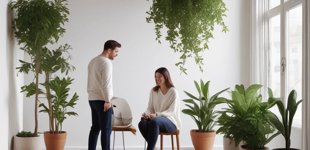 A couple sits on the wooden floor of a minimalistic room with white walls and curtains. They are smiling at each other, displaying a sense of intimacy and connection. Two potted plants are placed beside them, adding a touch of greenery to the serene environment.