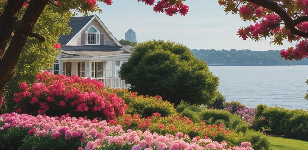 A serene garden with well-maintained grass and vibrant flowers under a clear blue sky.