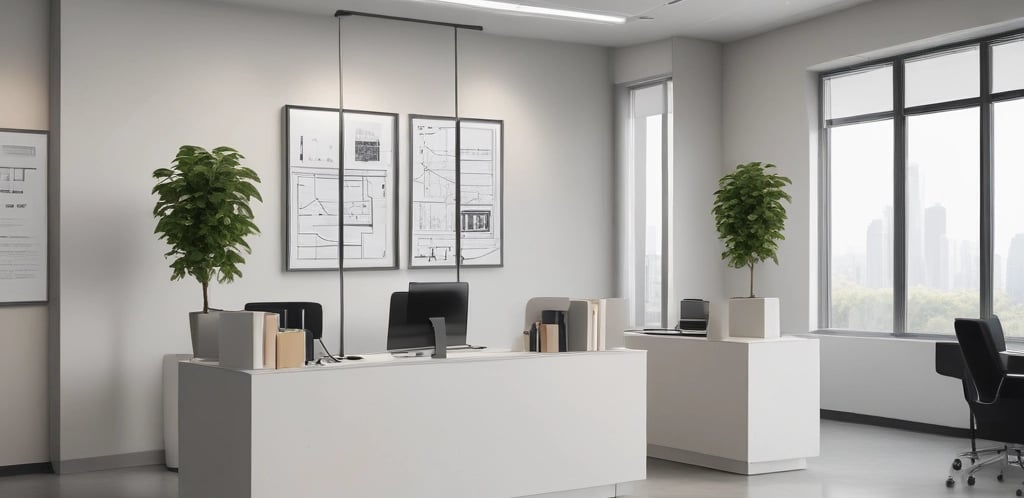 Modern office reception area with a clean desk and communication devices