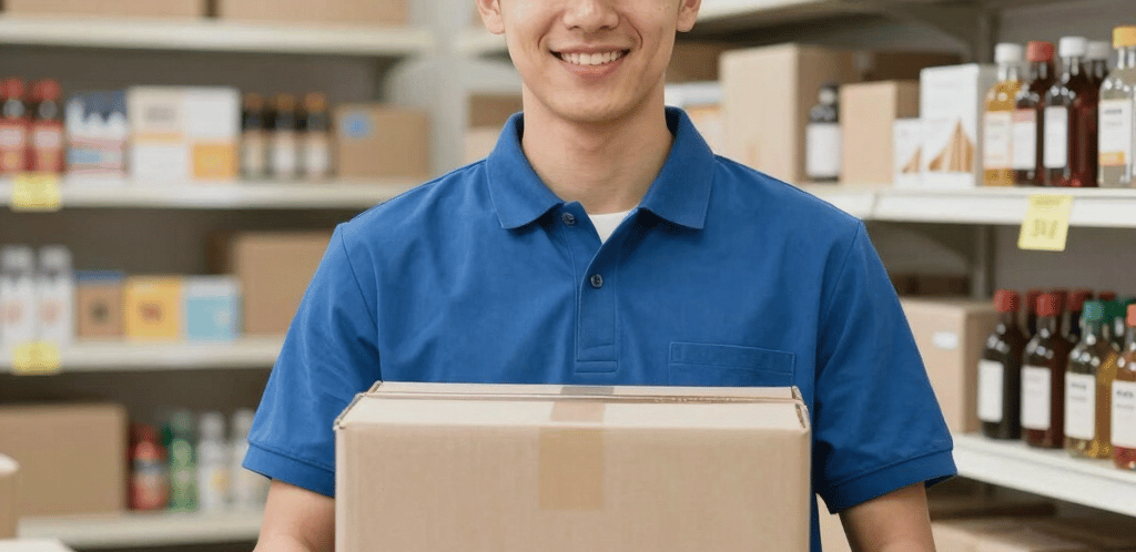 A delivery person handing a package to a happy customer at their doorstep in a sunny neighborhood.