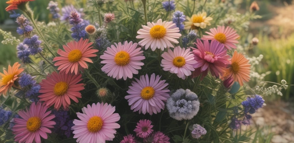 A delicate floral arrangement with soft pastel colors framing a massage therapy setting.