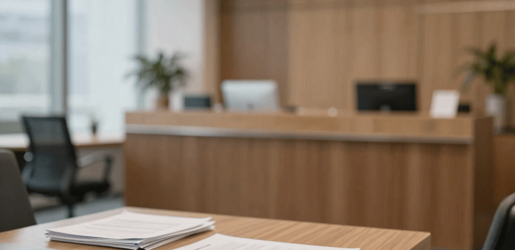 Minimalist office reception area with soft lighting and a sleek appointment book on the desk