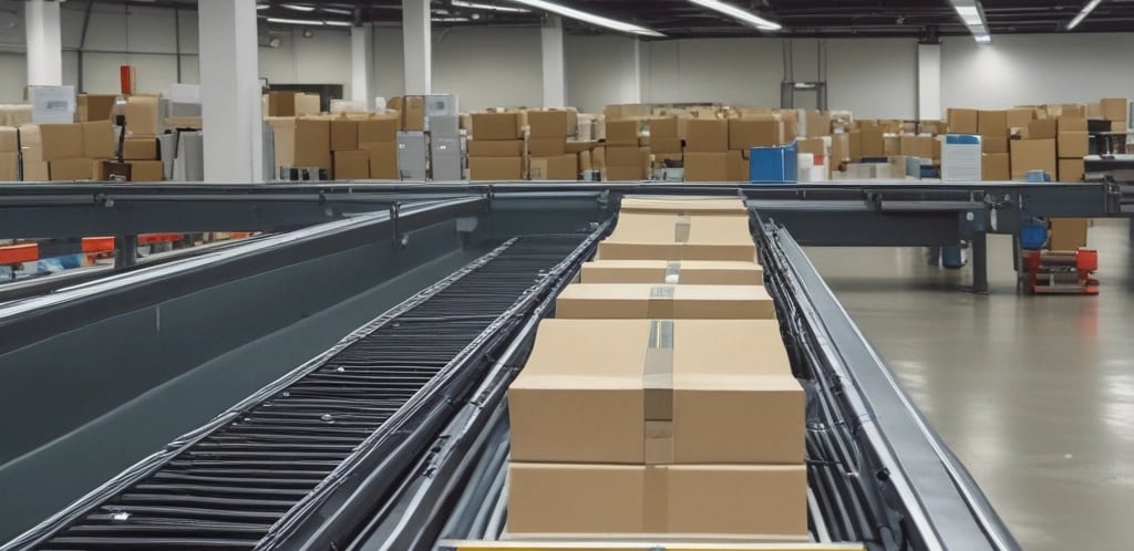 A professional technician inspecting a crossbelt sorter system in a logistics warehouse.