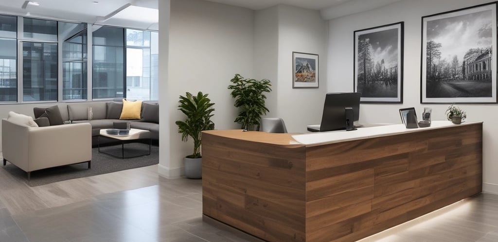 A welcoming office desk with a phone, notebook, and a small plant, ready to assist clients.