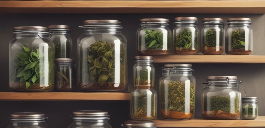 A cozy rustic kitchen scene with jars of organic tea leaves, dry fruits, and bottles of oil arranged on wooden shelves.