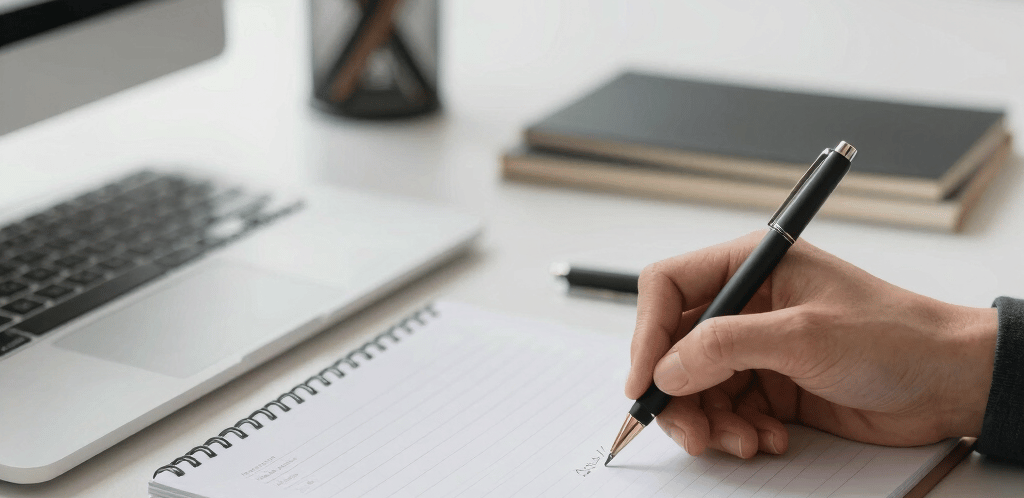A calm, professional office desk with golden accents and a sleek laptop open next to a secure mailbox.