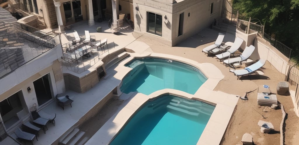 A serene backyard pool at sunset with soft underwater LED lights glowing.