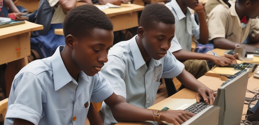 A warm photo of diverse young people gathered around laptops, learning digital skills together outdoors.