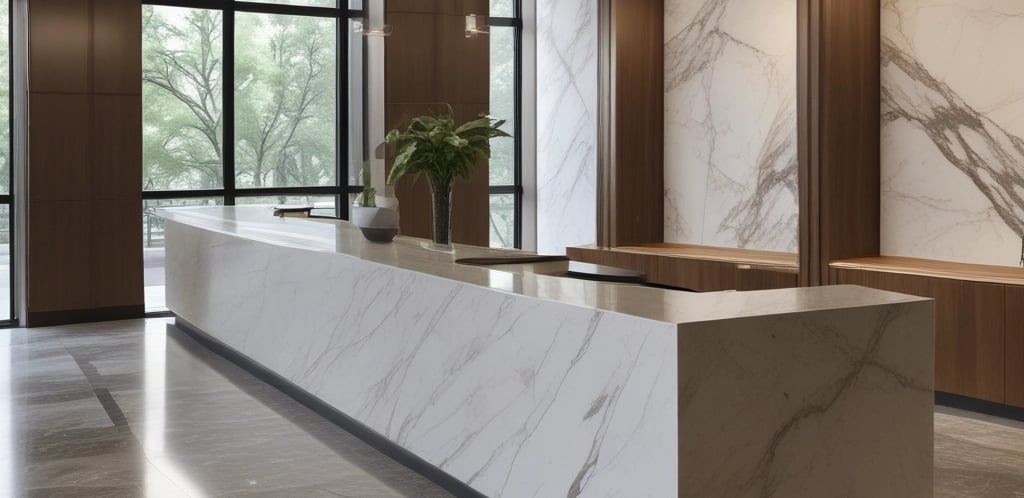 A welcoming office reception area with sustainable building materials and green plants.