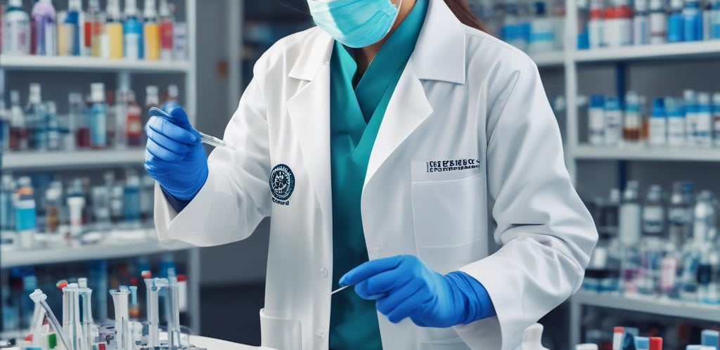 Futuristic laboratory workstation illuminated by neon blue and teal lights, with scientific data holograms floating above it.