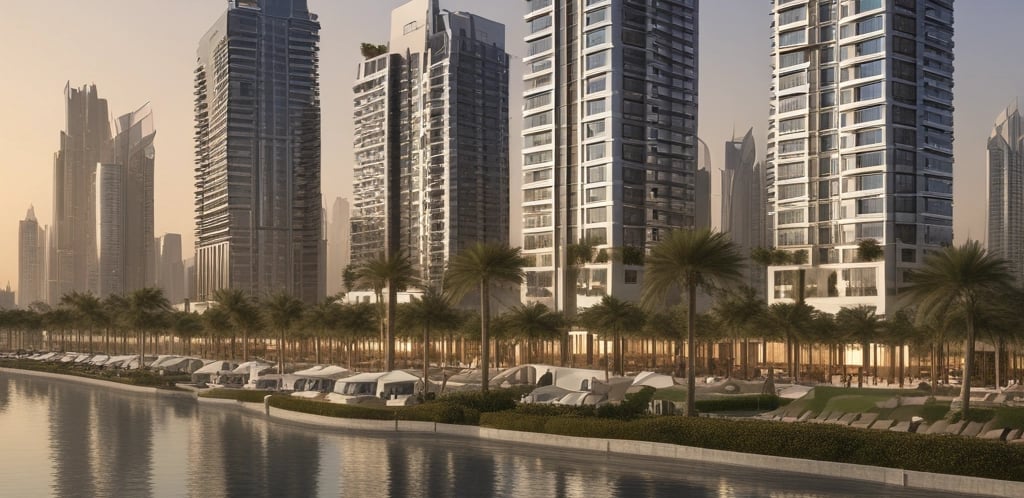 A sleek, modern office space with a view of Dubai's skyline at sunset.