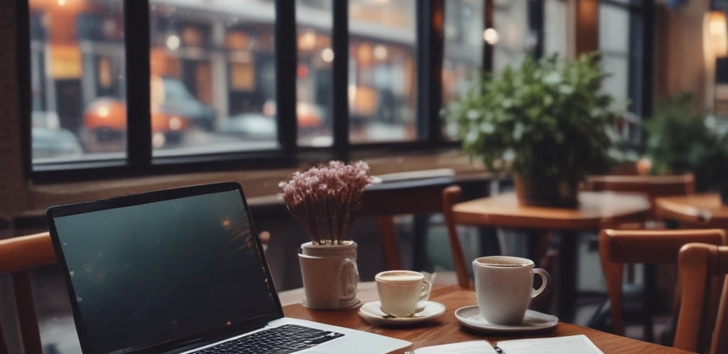 a cozy cafe with books, table and a labtio wioth coffee and eye glasses.