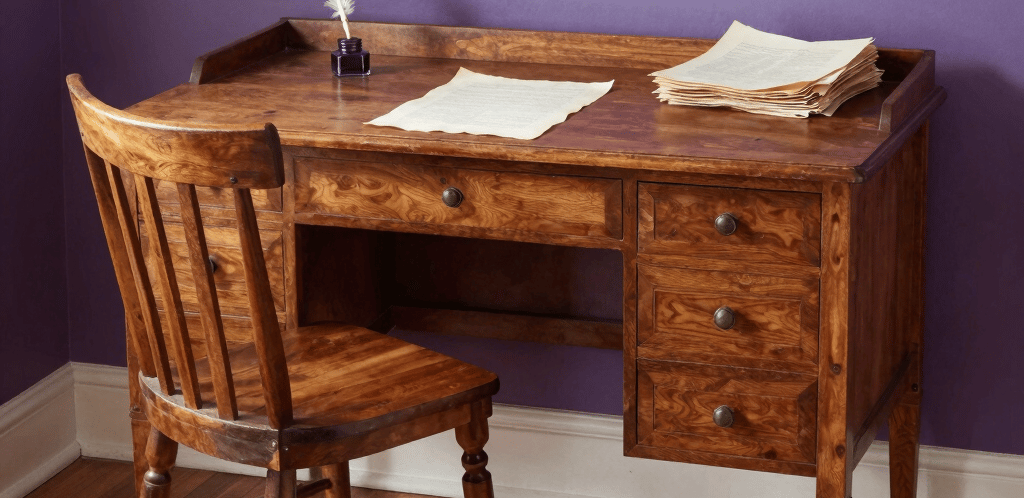 Antique wooden writing desk and chair set against a purple wall with a quill pen and parchment paper.