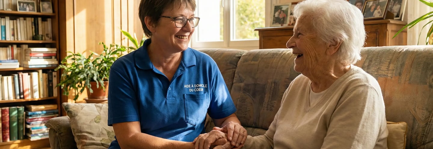 Intervenante professionnelle de l'association Aide à Domicile du Coeur, souriante auprès d'une personne âgée à Nantes