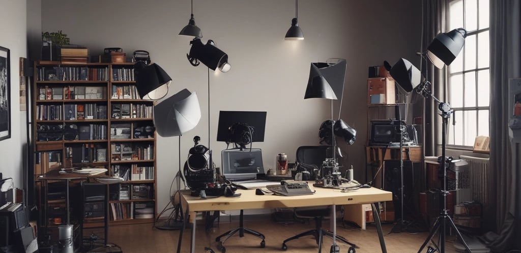 A creative workspace with film equipment and a laptop displaying a contact form.