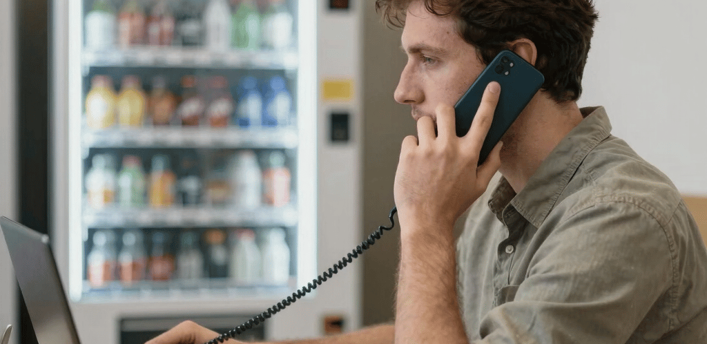 A friendly customer service representative wearing a headset, smiling and ready to assist.