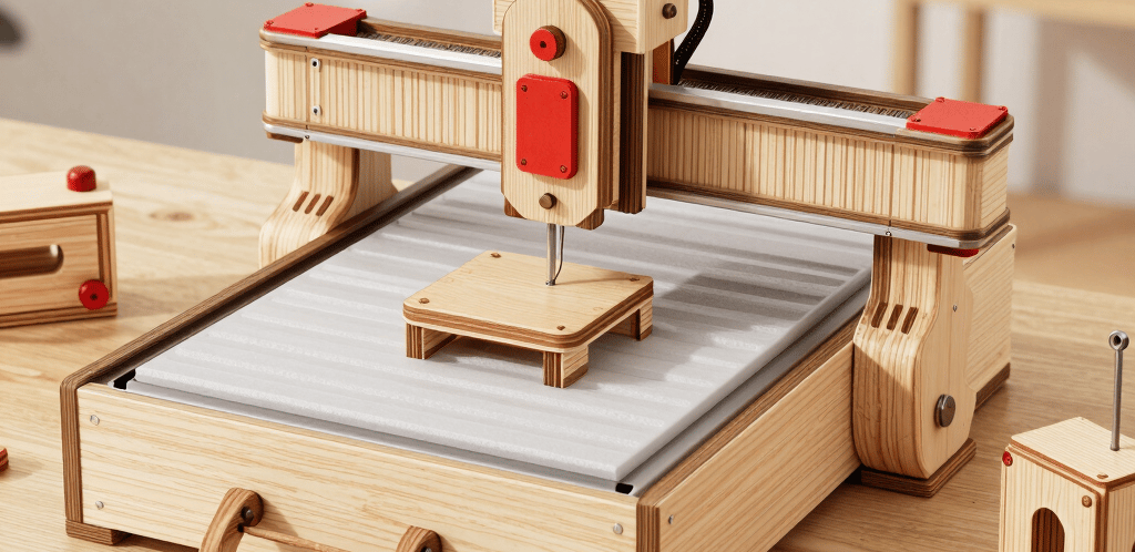 A cozy workshop corner with wooden toy kits and furniture pieces in progress, bathed in warm natural light.