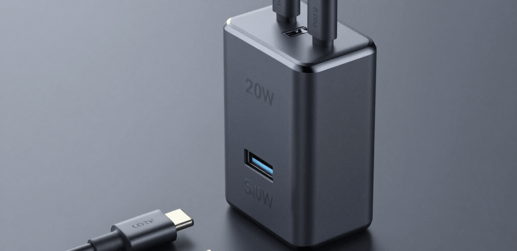 Close-up of a sleek futuristic charging cable glowing with electric blue neon light on a dark background.