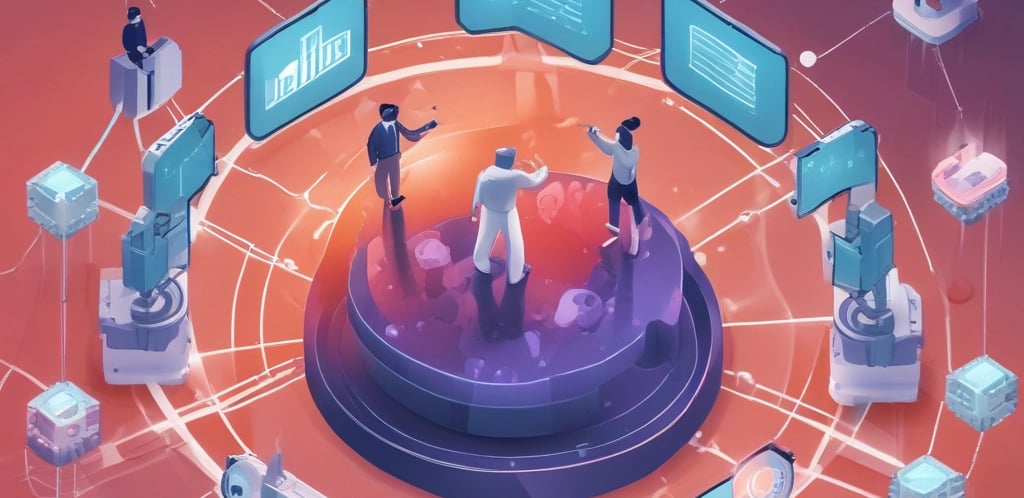 A confident professional reaching out with a handshake in a sleek, modern office environment.