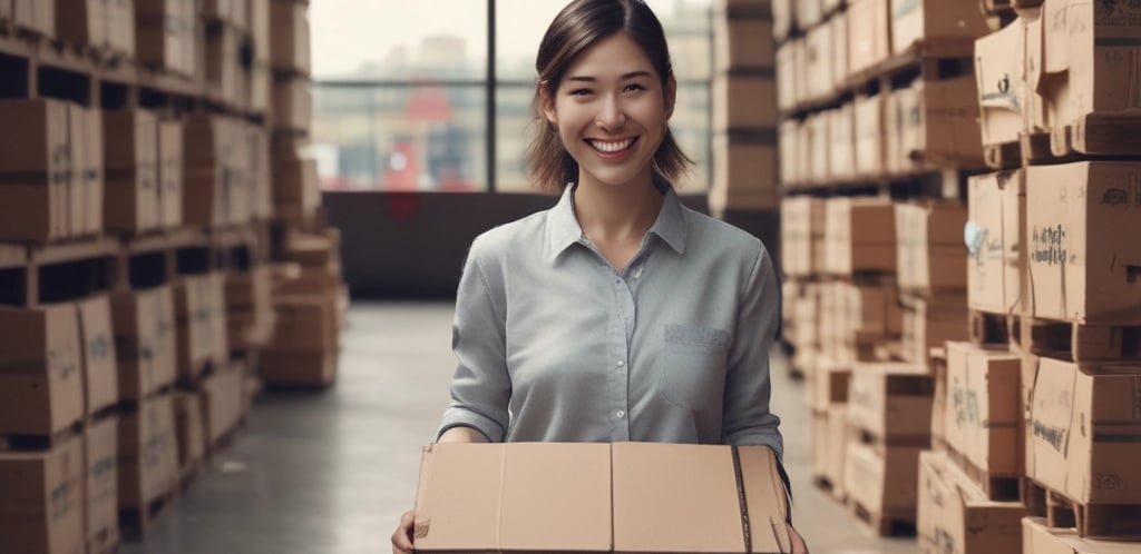 A friendly person holding a package at a doorstep, smiling.