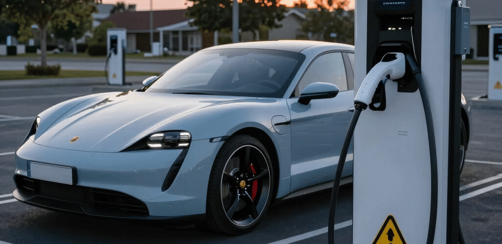 A sleek charging station beside an Audi e-tron GT glowing at dusk.