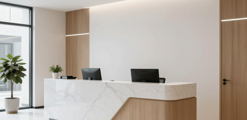 A sleek office reception area with modern electronics and a welcoming atmosphere.