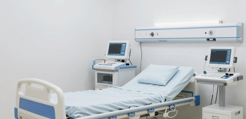 A modern hospital corridor with glowing digital interfaces illustrating AI technology integration