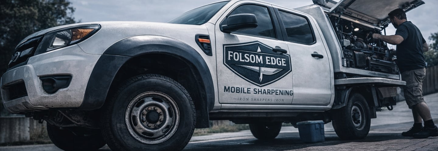 Folsom Edge mobile knife sharpening truck equipped for on-site blade sharpening