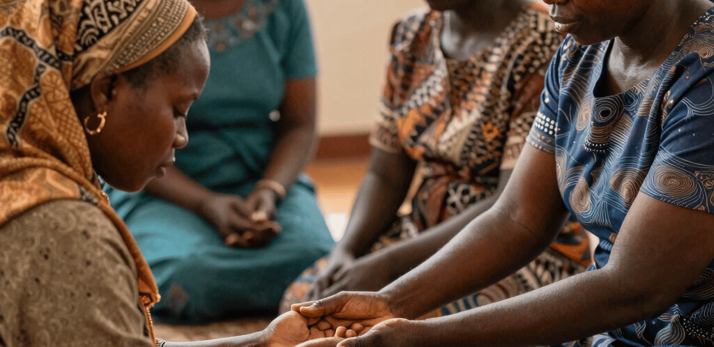 A warm community gathering in Kenya, with people sharing stories and supporting each other.