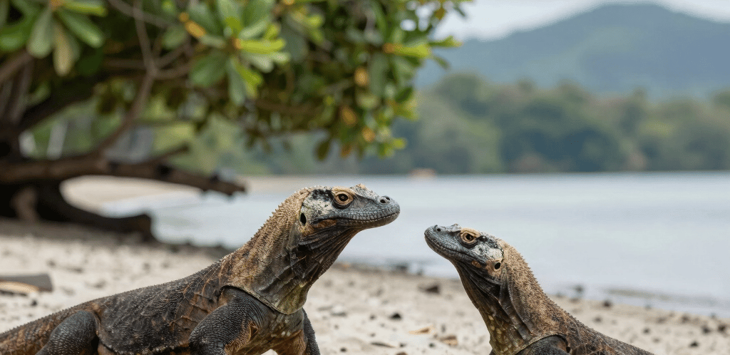 A welcoming travel agent desk with a laptop and tropical plants in the background.