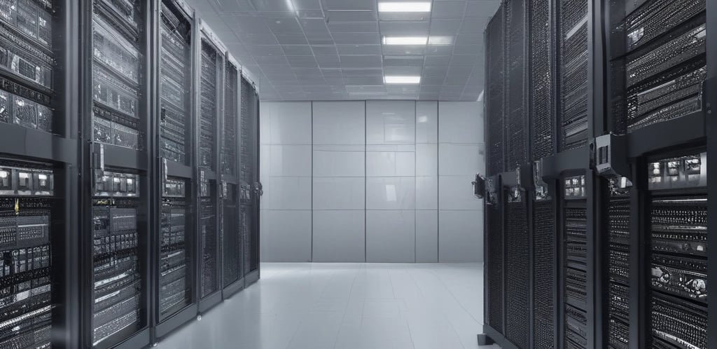 A digital rendering depicting a tall, metallic server rack positioned centrally on a platform. The server appears to have multiple blue-lit slots. Surrounding the rack, there are several stacks of cylindrical objects resembling databases or storage units, all set against a dark background.