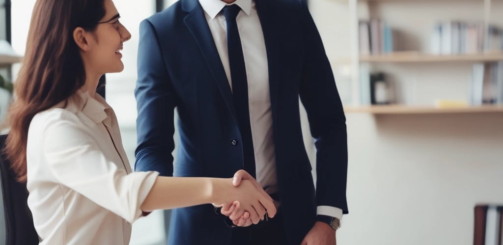 Professional advisor smiling warmly, dressed in modern business attire with a deep teal background.