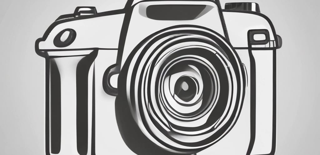 A camera with a lens, black and white. 