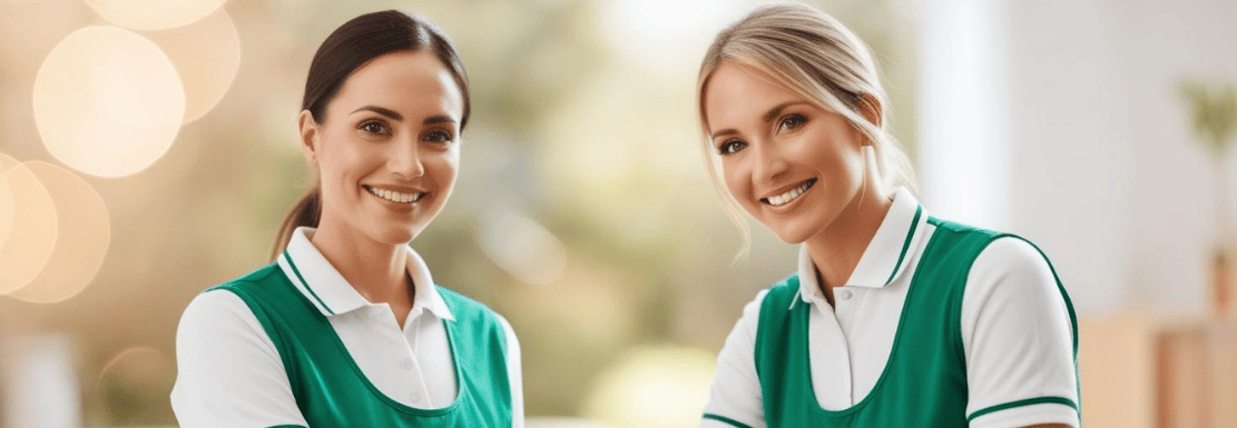two women in green uniforms standing next to each other