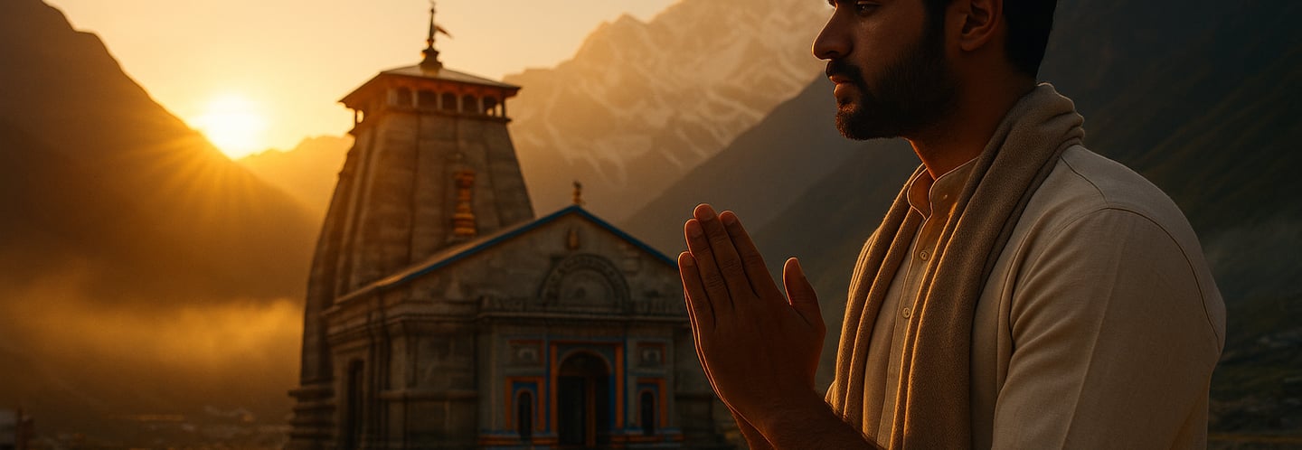 a man is praying in front of Kedarnath temple