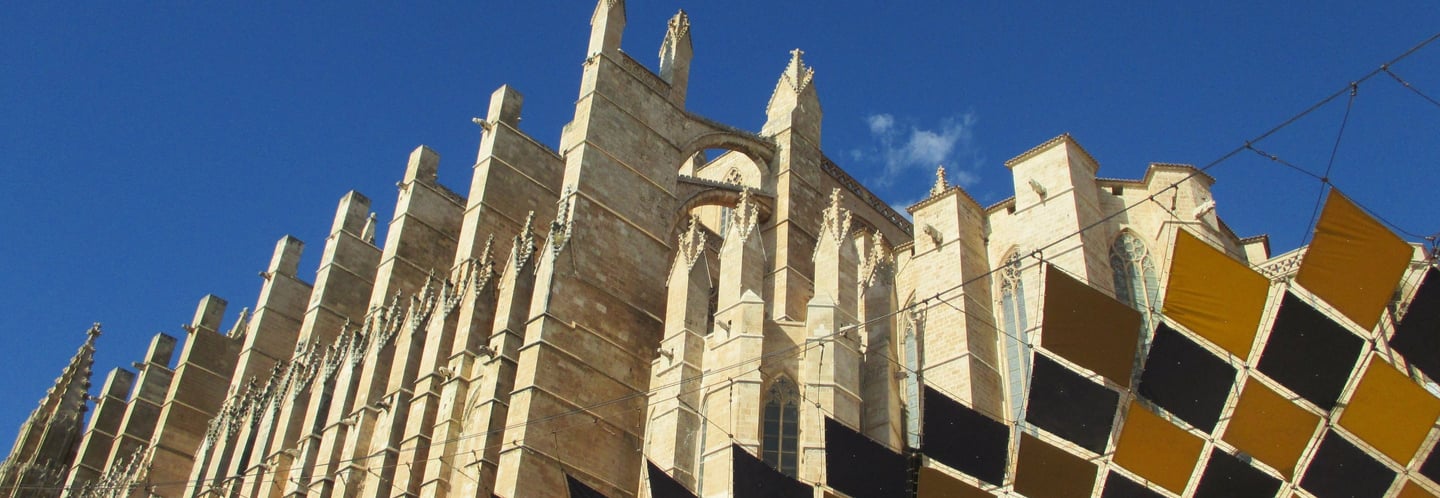 Palma Cathedral taken from beneath the glass shard with brown harlequin squares s is no longer there