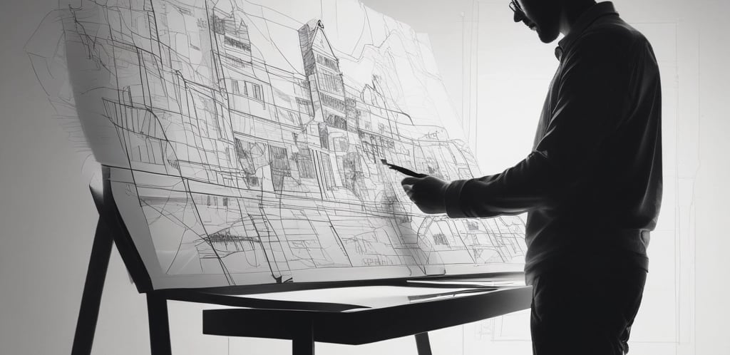 A professional engineer reviewing architectural plans on a large table in an office.
