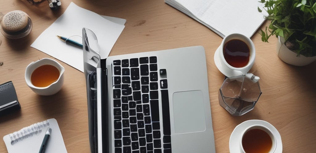 A professional workspace with a laptop, notepad, and a cup of tea.