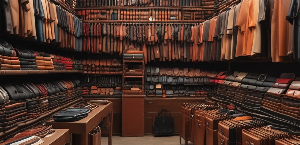 A close-up of handcrafted leather goods displayed on a wooden table.
