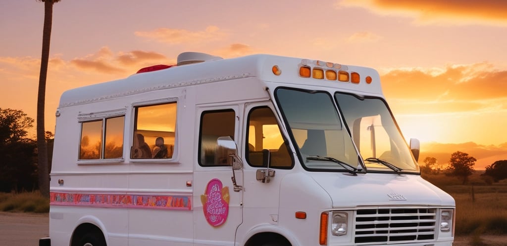 An ice cream truck parked on the side of a street next to a stop sign. The truck is white and light blue, with 'Peter Coop’s Scoops' written on its side. It is surrounded by trees and buildings, and there is a protective blue barrier with 'good neighbors' branding in front of it.