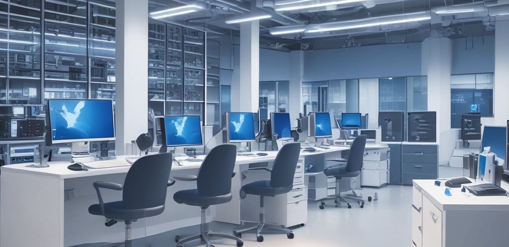 A dimly lit room features a prominent illuminated sign displaying the words 'Sysco LABS.' Below the sign are office desks with various electronic devices, including laptops and cables. The lighting creates a cool and professional atmosphere.